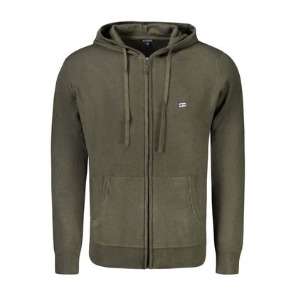 Norway 1963 Green Polyamide Men Cardigan with hood and pockets, featuring stylish embroidery logo for modern trendsetters.