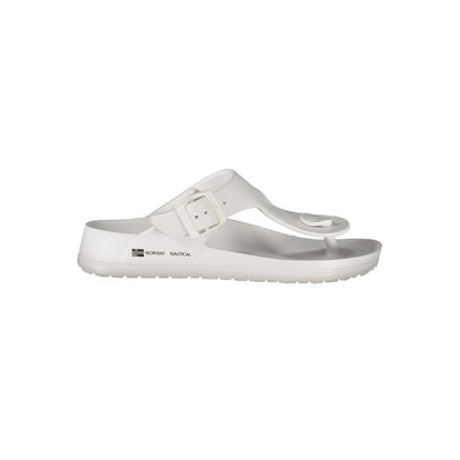 Norway 1963 White Plastic Women Sandal with adjustable buckle and bold print, embodying modern design and timeless elegance.