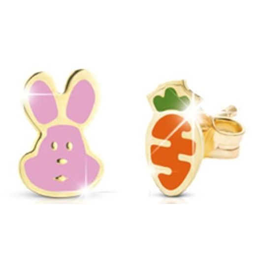 Colorful bunny and carrot shaped stud earrings in gold finish