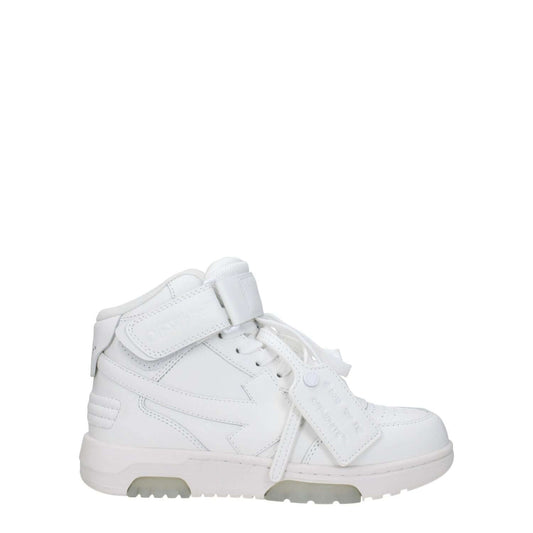 Off-White White Leather High Top Sneakers with strap closure, side and front logos, and rubber sole.