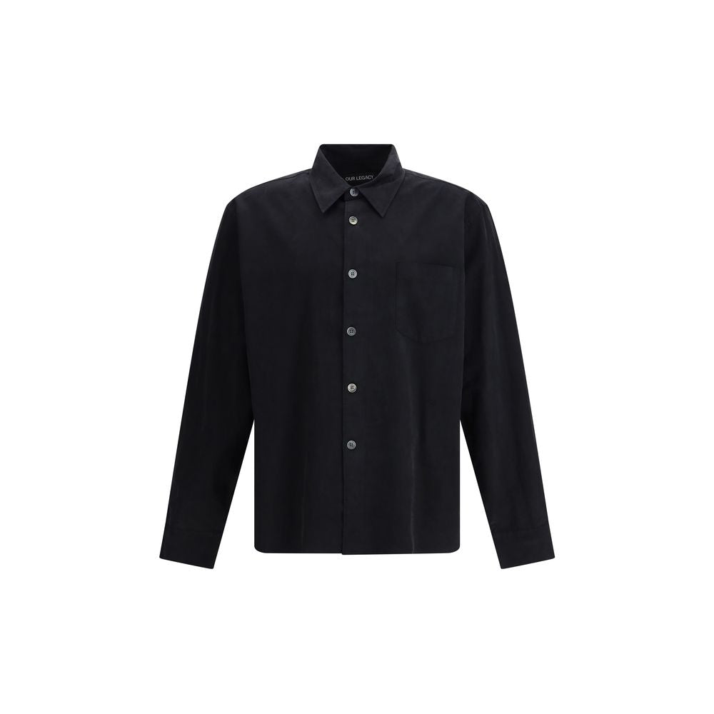 Our Legacy Black Cotton Dress Shirt crafted from lightweight Chinese poplin with pearl buttons, straight fit, and curved hem.