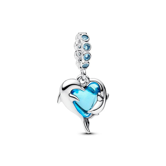 PANDORA Mod. 793924C01 heart-shaped charm with dolphin and blue accents.