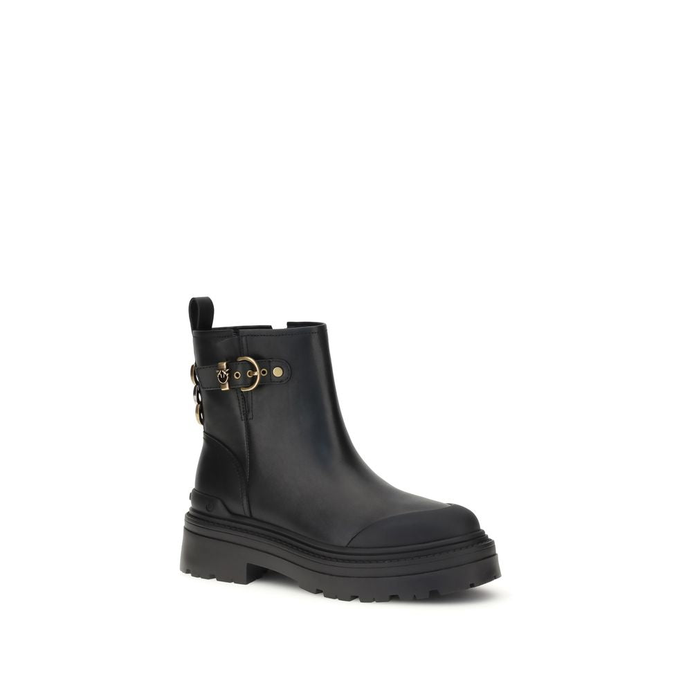 PINKO Black Calf Leather Bos Taurus Ankle Boots with buckle, side zipper, Love Birds detail, and rubber sole for comfort.