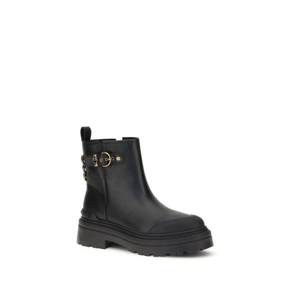 PINKO Black Calf Leather Bos Taurus Ankle Boots with buckle, side zipper, Love Birds detail, and rubber sole for comfort.