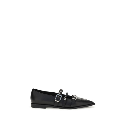PINKO Black Calf Leather Bos Taurus Ballet Flats with almond toe, studded design, and three-buckle closure, AW25 collection.