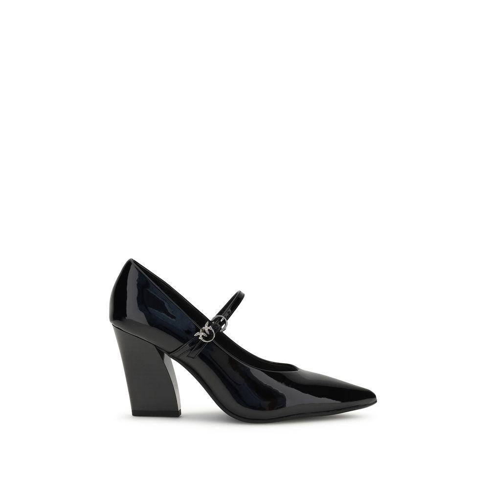PINKO Black Calf Leather Bos Taurus High Heel Pumps with glossy patent finish and adjustable strap closure, AW25 collection.