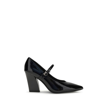 PINKO Black Calf Leather Bos Taurus High Heel Pumps with glossy patent finish and adjustable strap closure, AW25 collection.
