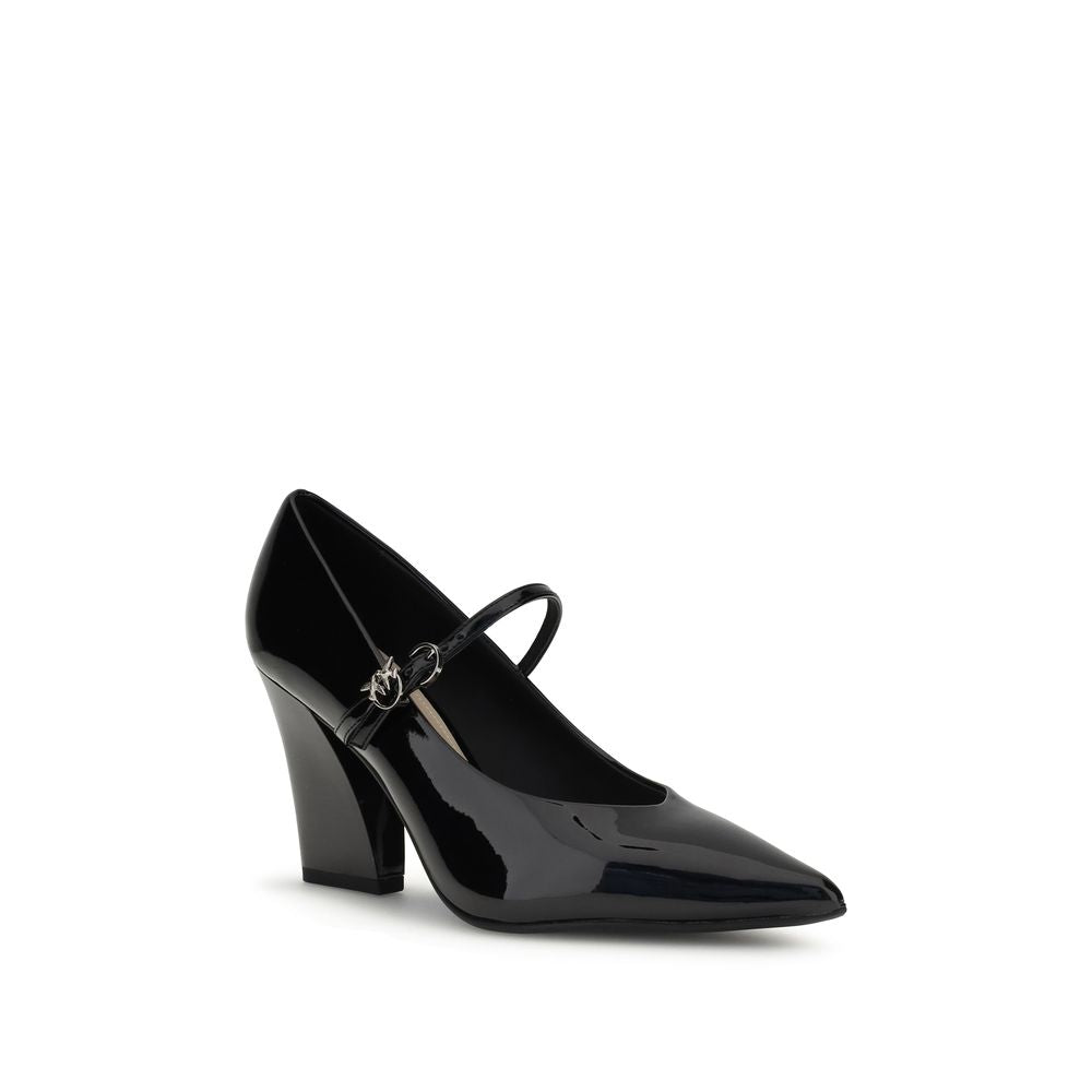 PINKO Black Calf Leather Bos Taurus High Heel Pumps with patent finish and adjustable strap closure, AW25 collection.
