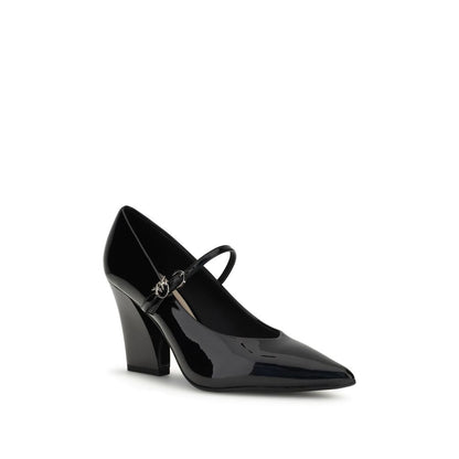 PINKO Black Calf Leather Bos Taurus High Heel Pumps with patent finish and adjustable strap closure, AW25 collection.