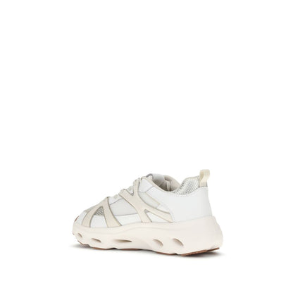 Side view of PINKO White Calf Leather Bos Taurus Chunky Sneakers with mesh inserts and Love Birds logo.