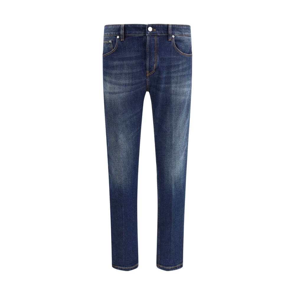 PT Torino Blue Cotton Slim Fit Jeans, contemporary style with classic five-pocket design, button closure, and elegant versatility.