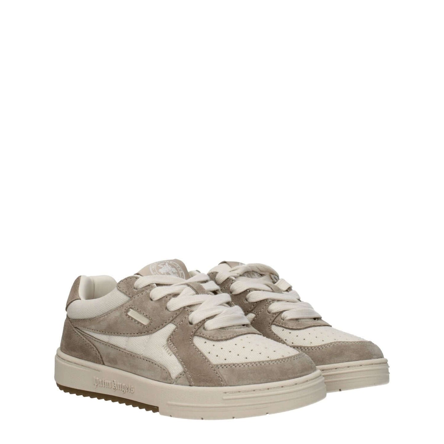 Palm Angels Beige Fabric Low Top Sneakers with suede material and rubber sole, featuring front, side, and back logos.