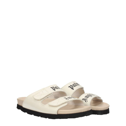Palm Angels Beige Leather Flat Sandals with front logo design, casual style, strap closure, rubber sole, and open toe.