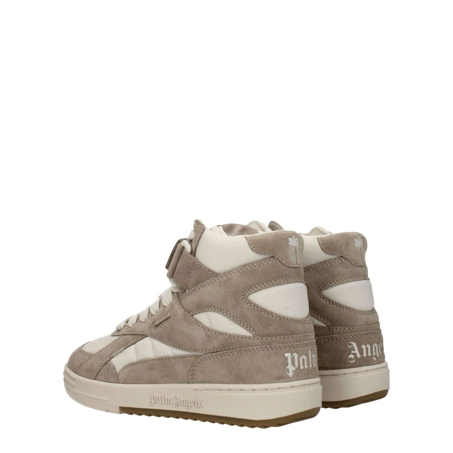 Palm Angels Beige Leather High Top Sneakers with logos, suede material, rubber sole, sporty glam style, round toe, and strap closure.