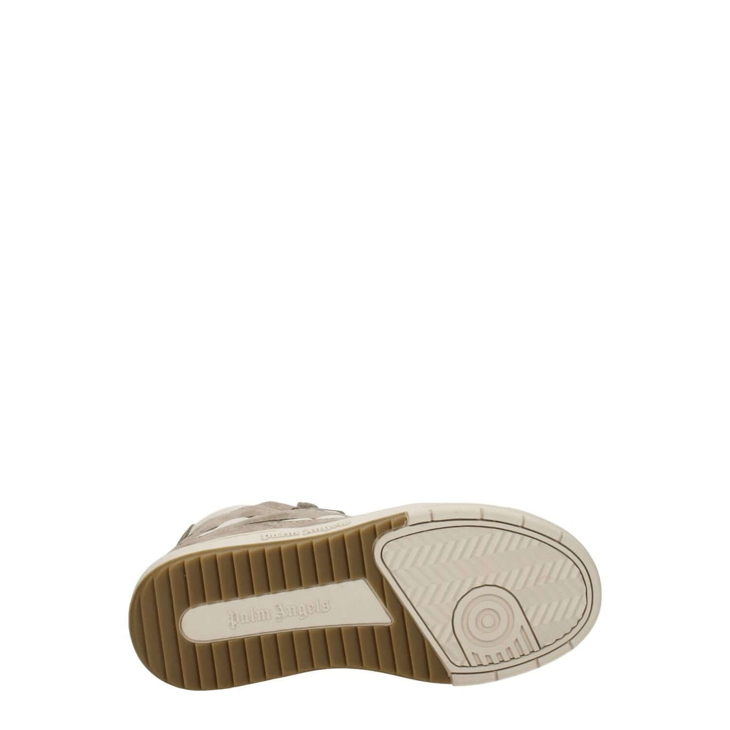 Sole view of Palm Angels Beige Leather High Top Sneakers with logo on rubber sole, showcasing sporty glam style with suede material.