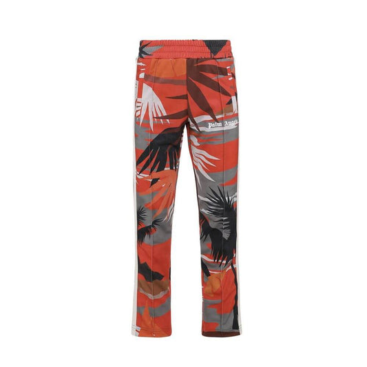Palm Angels Red Polyester Joggers (Workout Pants) with tropical print, elastic waist, side pockets, designed for men, made in Italy.