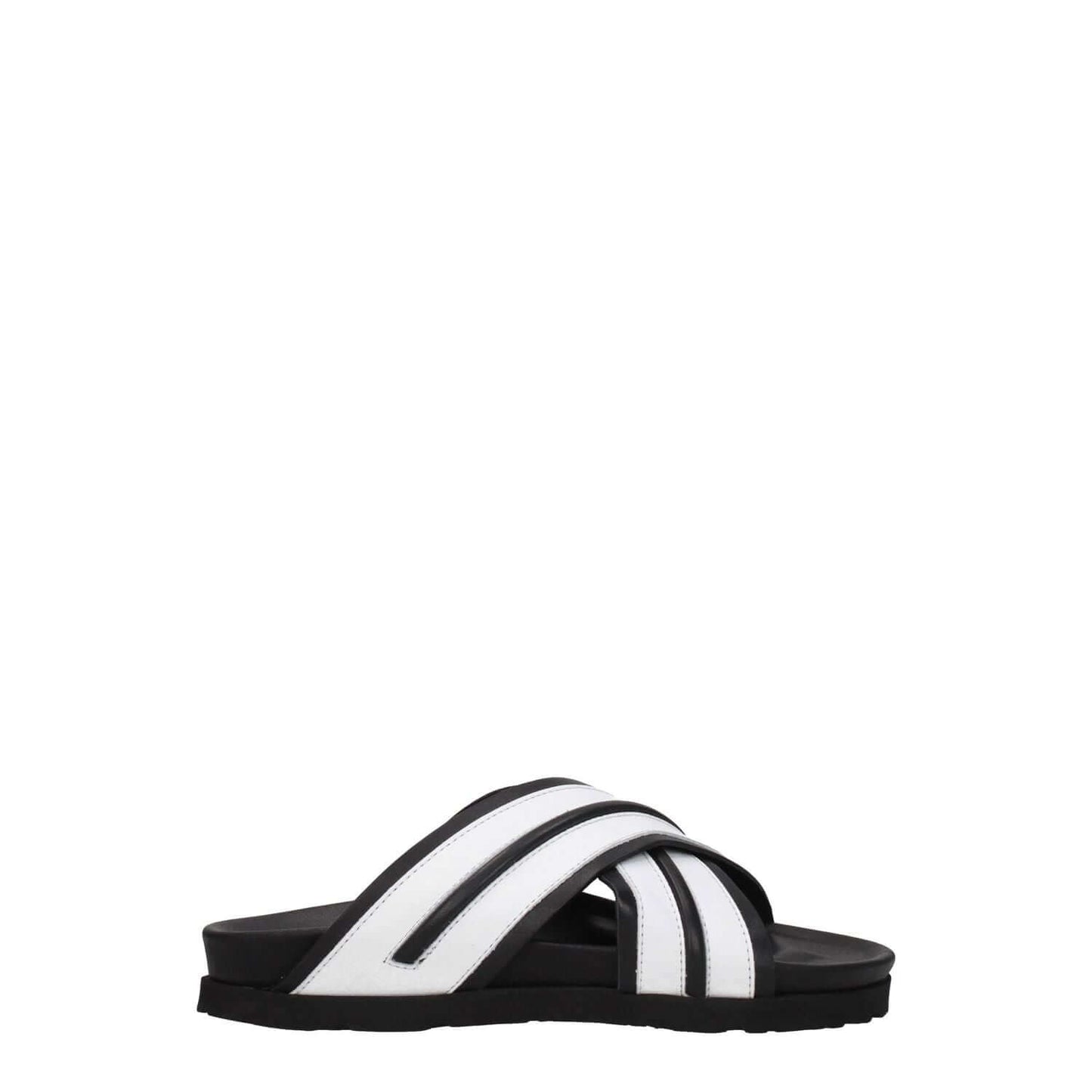 Palm Angels White Leather Slippers with black accents, casual style, open toe, rubber sole. MPN: PWIC008LEA0011001, flat heel.
