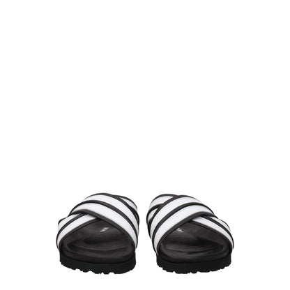 Palm Angels White Leather Slippers with open toe and low flat heel, featuring black stripes, casual style, rubber sole.