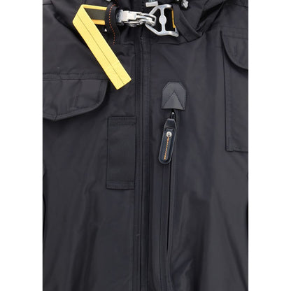 Close-up of Parajumpers Black Nylon Bomber featuring front zipper, yellow accent, and ribbed cuffs for a stylish, weather-resistant design.