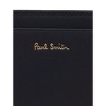 Paul Smith Signature Stripe leather card case with black card slots and logo stamp on front, showcasing elegant design.