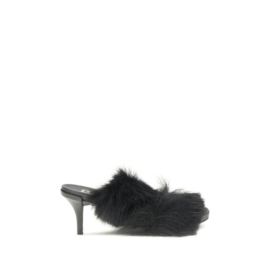 Pedro García Black Leather Stiletto Heel Sandals with fur trim, luxurious open-toe design for glamorous evening wear, AW25 collection.