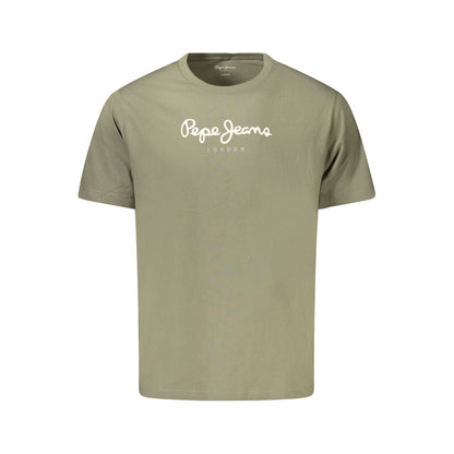 Pepe Jeans Green Cotton Men T-Shirt, sustainable short sleeve with crew neck and logo print, fashion-forward casual wear.