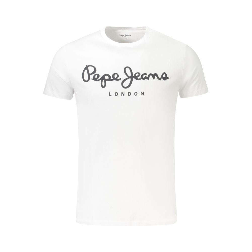 Pepe Jeans White Cotton Men TShirt with logo print, eco-friendly, crew neck, slim fit, for a stylish and sustainable look.