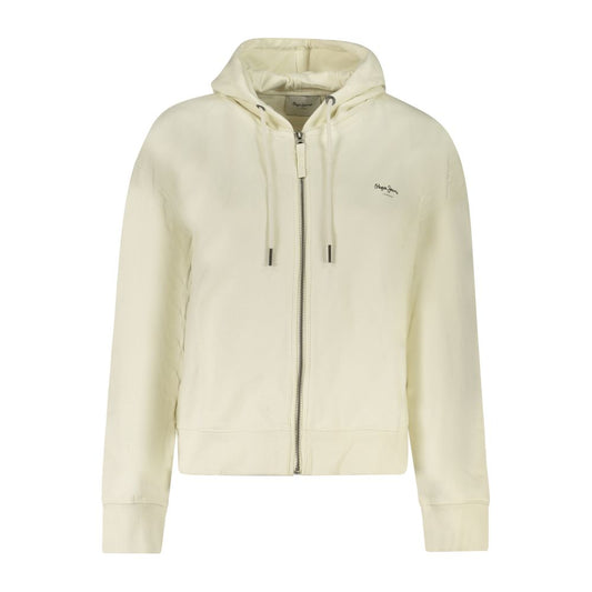 Pepe Jeans White Cotton Women Hoodie with zip-up front, long sleeves, and iconic logo, perfect for casual fashion-forward looks.