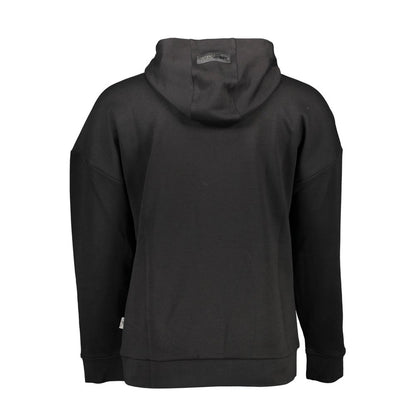 Back view of Plein Sport Black Cotton Men's Sweater with hood, featuring bold contrast detailing and luxe logo. Made from cotton and polyester.
