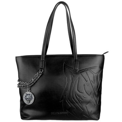 Plein Sport Black Polyethylene Women Shoulder Bag with decorative chain and metal medallion, featuring sleek zip closure and removable strap.