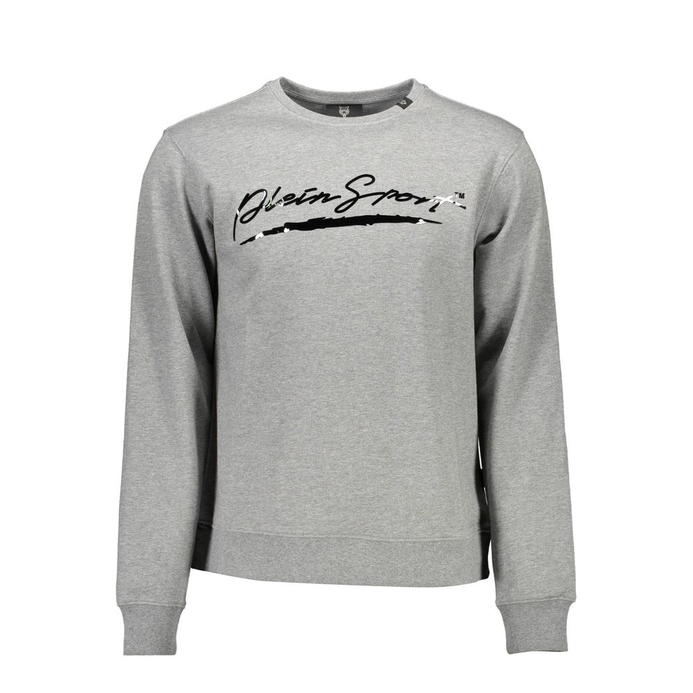Plein Sport Gray Cotton Men Sweater with logo print, luxury athletic long sleeve sweatshirt for fashion-forward comfort and style.