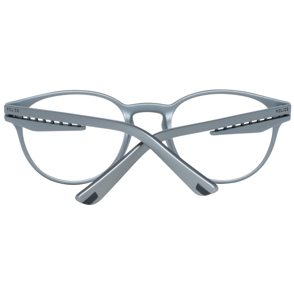 Police Gray Men Glasses Frame, full-rim round grey plastic, size 50-21-145 with demo lenses, includes branded case, no spring hinge.
