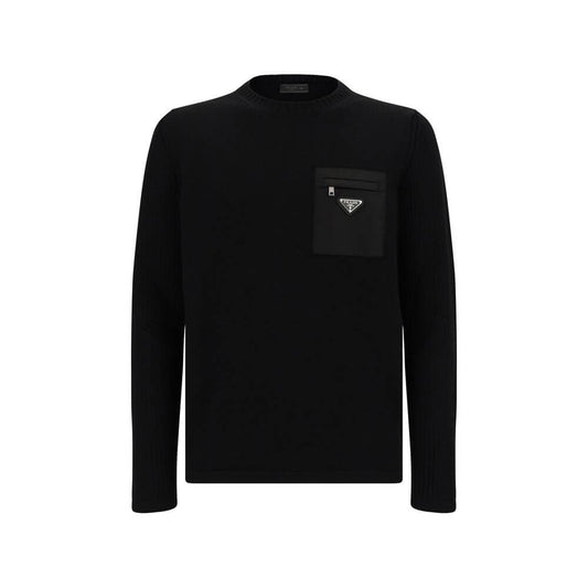 Prada Black Fleece Wool Sweatshirt featuring ribbed crew neck and zipper pocket with iconic triangular brand logo on front, AW25