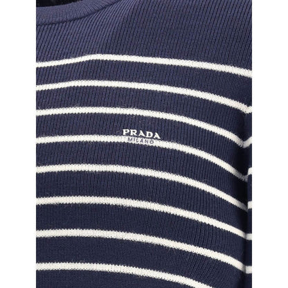 Prada Blue Fleece Wool Sweatshirt with ribbed crew neck and striped pattern featuring iconic jacquard signature, AW25, 100% Fleece Wool.