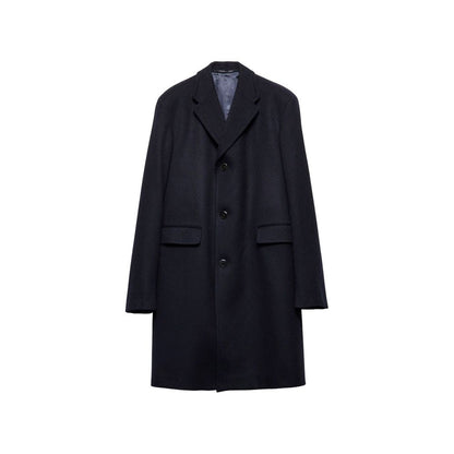 Prada Blue Wool Coat with long sleeves and classic reverse, featuring a single-breasted design and back triangle logo detail for men.