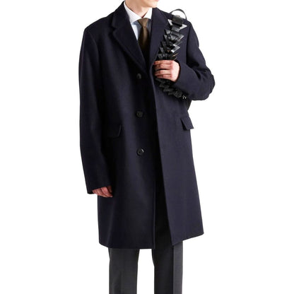 Prada Blue Wool Coat, men's single-breasted with back triangle logo, elegant and fully lined, featuring two side flap pockets.