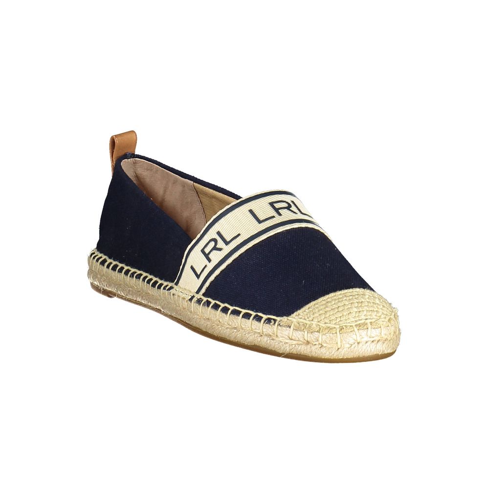 Ralph Lauren Blue Polyester Women Flat Shoe with logo, showcasing classic style and modern design. Luxurious blend of polyester and leather.