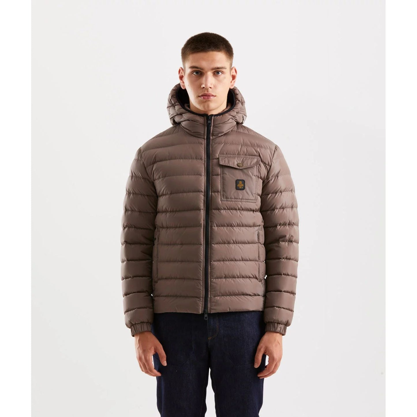 Refrigiwear Beige Nylon Men Jacket with hood, zip closure, and pockets, perfect for urban style and warmth in cold weather.