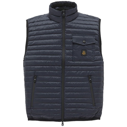 Refrigiwear Blue Nylon Men Vest with Down Padding featuring a zip closure and logo patch pocket, perfect for warmth and style.