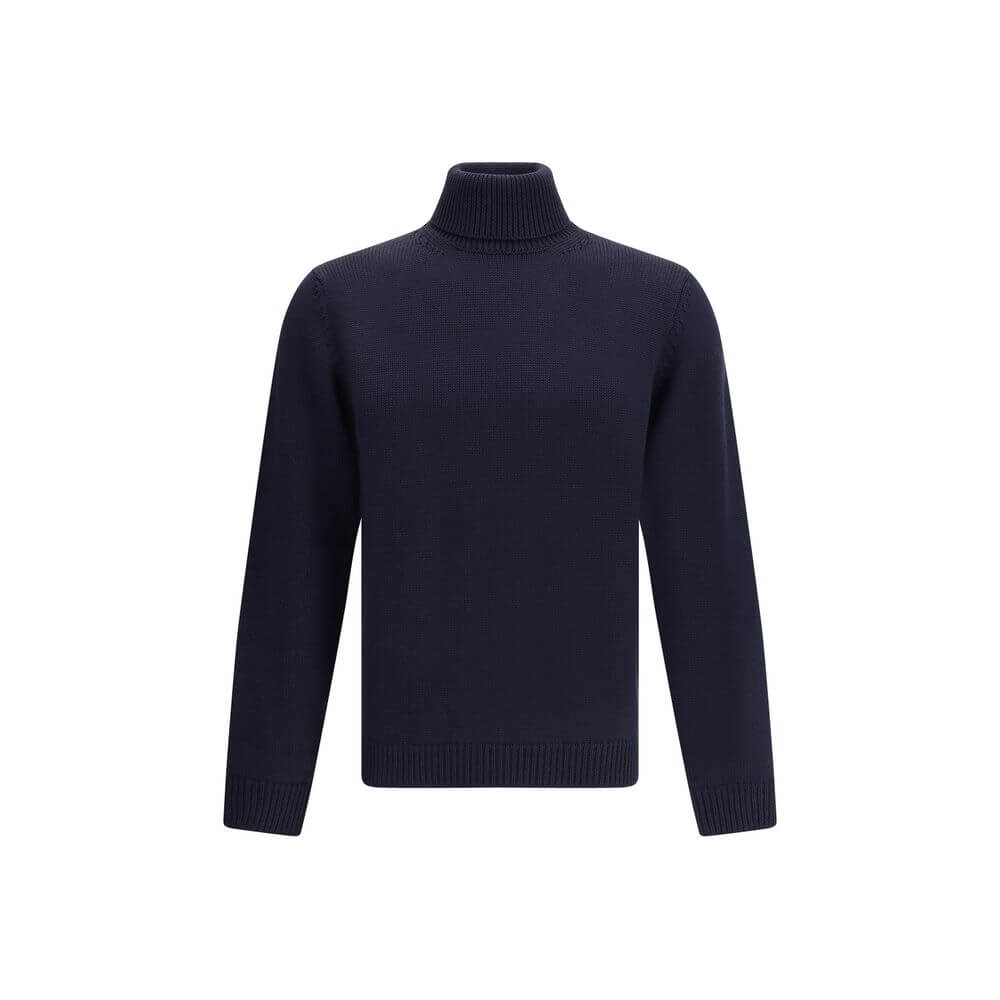 Roberto Collina Blue Merino Wool Turtleneck with ribbed collar and cuffs, regular fit, perfect for smart or casual outfits.