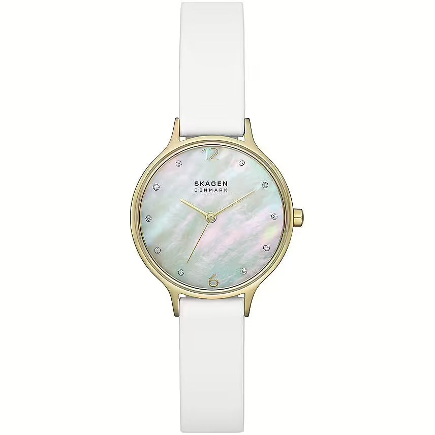 SKAGEN Mod. ANITA LILLE ladies wristwatch with gold case, quartz movement, and mother of pearl dial in official box.