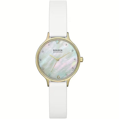 SKAGEN Mod. ANITA LILLE ladies wristwatch with gold case, quartz movement, and mother of pearl dial in official box.