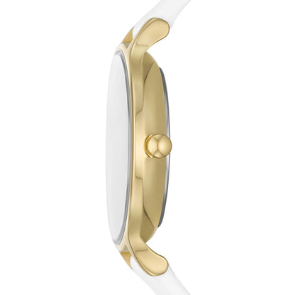 SKAGEN Mod. ANITA LILLE side view with gold SS IP case, water resistant 3 ATM, lady's leather strap wristwatch.