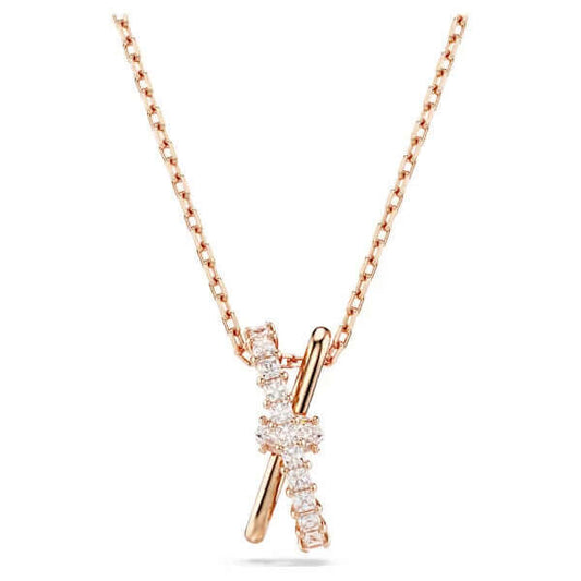SWAROVSKI Mod. 5689788 Hyperbola Necklace with clear Swarovski Zirconia on rose gold-tone chain, elegant twisted pendant design.