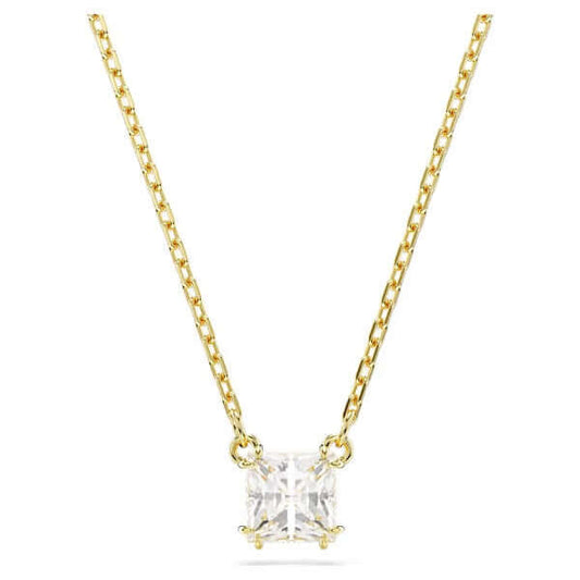 Elegant gold necklace with square-cut crystal pendant on a delicate chain, perfect for adding sparkle to any outfit.