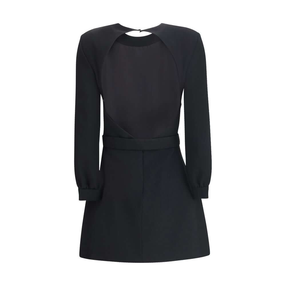 Saint Laurent Black Viscose Cocktail Dress with padded shoulders, long sleeves, and diamond-cut back view.