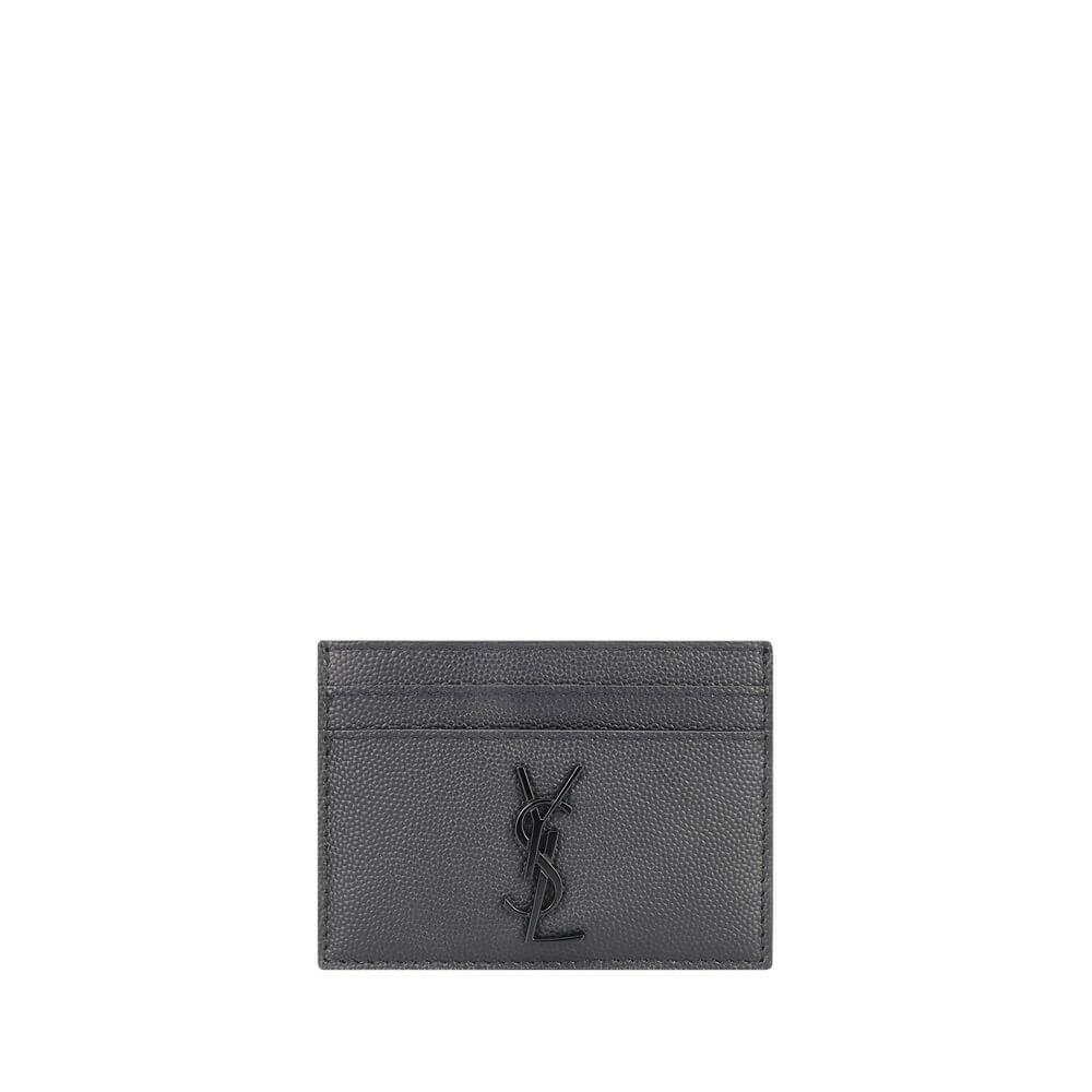 Saint Laurent Gray Calf Leather Bos Taurus Wallet with embossed logo, black card holder, season AW25, 10x10 dimension.