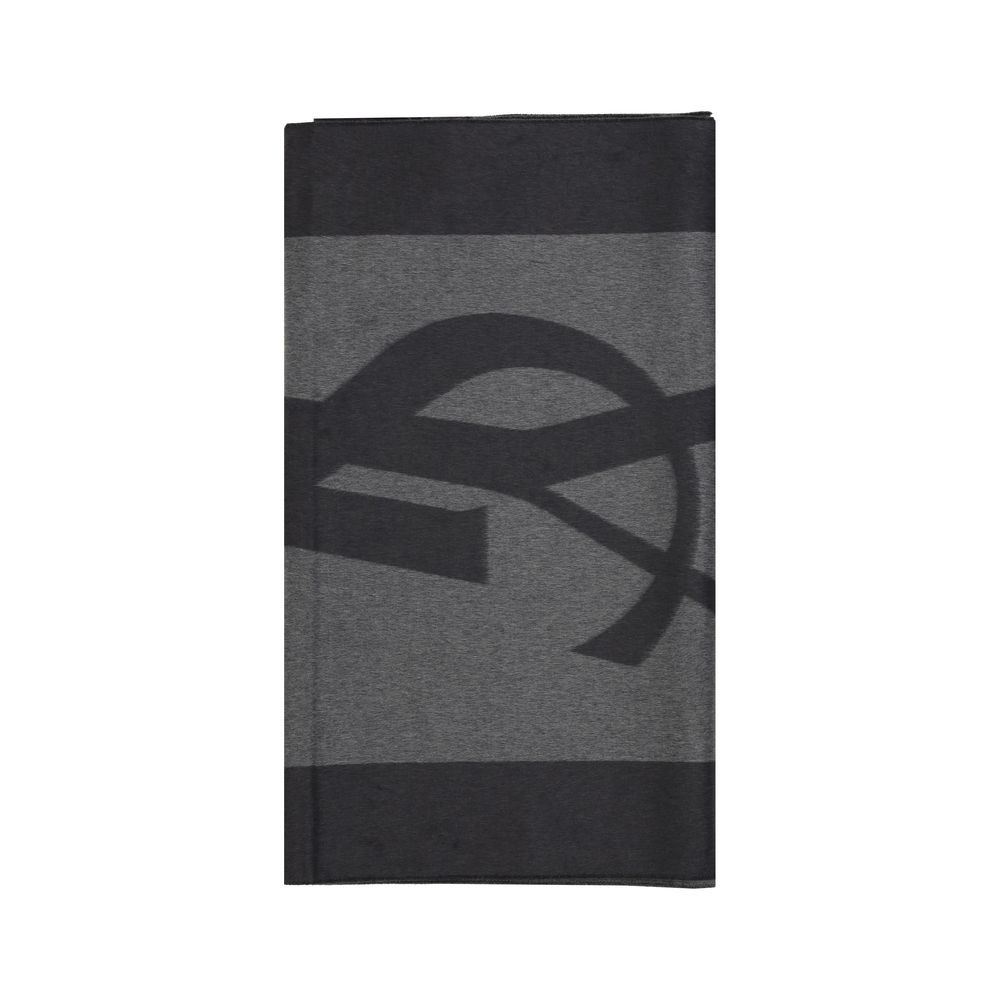 Saint Laurent Gray Silk Scarf with YSL logo, featuring frayed hems, elongated format, 50 x 215 cm, ideal for luxury style in season AW25.