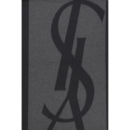 Saint Laurent Gray Silk Scarf with iconic YSL logo and frayed hems, elongated design for AW25 season, made of 100% silk, 50 x 215 cm.