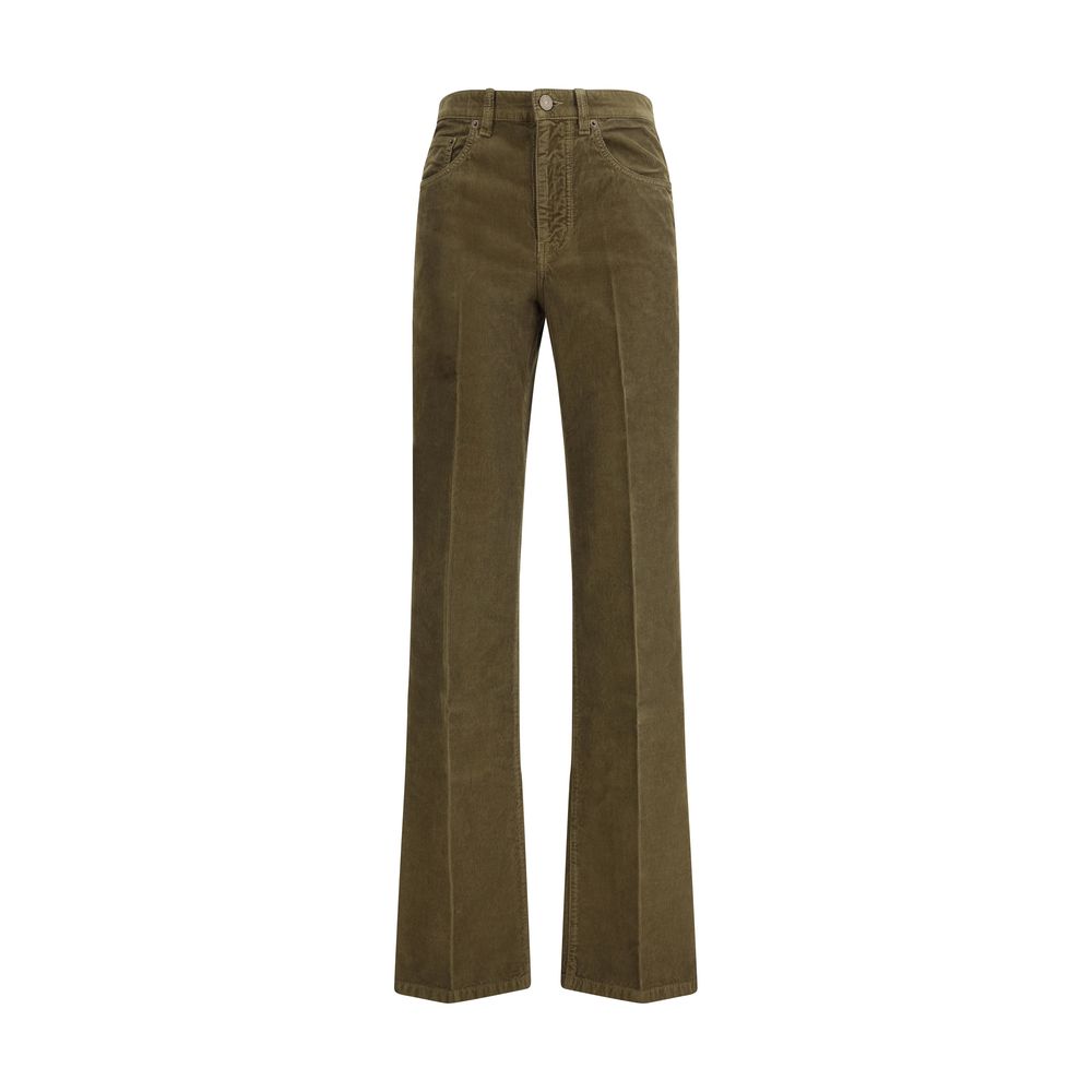 Saint Laurent Green Cotton Casual Pants with front zipper, button closure, five-pocket design, and leather jacron. Clyde Corduroy style.